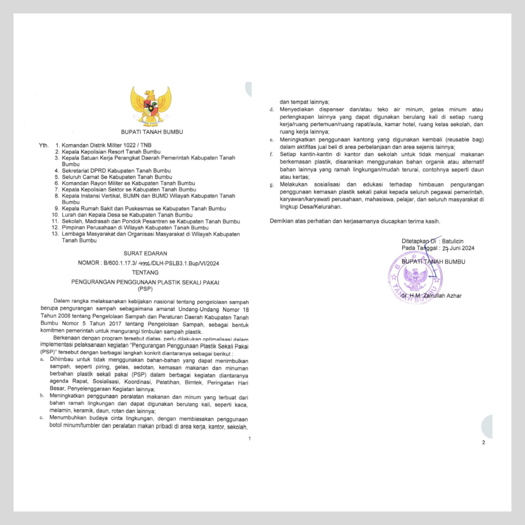 Peraturan Bupati Tanah Bumbu Tentang Pengurangan Penggunaan Plastik Sampah Sekali Pakai (PSP)